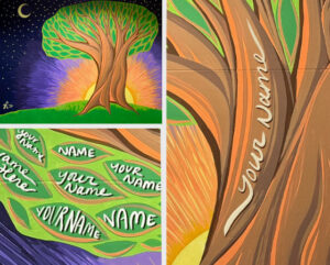Compilation of detail shots of the donor tree mural showing "Your Name" placeholder text on leaves and branches.