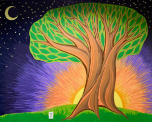 Mural of elegant tree with stylized leaves on a background of a sunrise fading into a midnight blue sky with crescent moon.